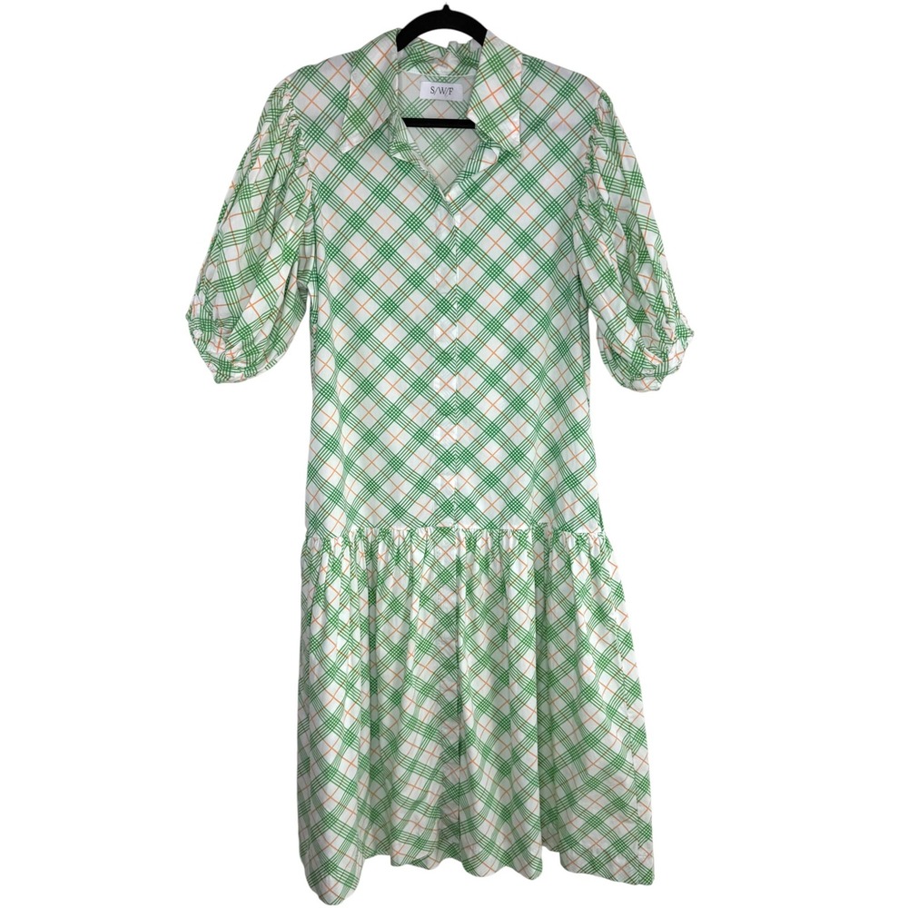 SWF‎ Green Plaid Cotton Puff Sleeve Tiered Midi Dress M Cottagecore Preppy Retro